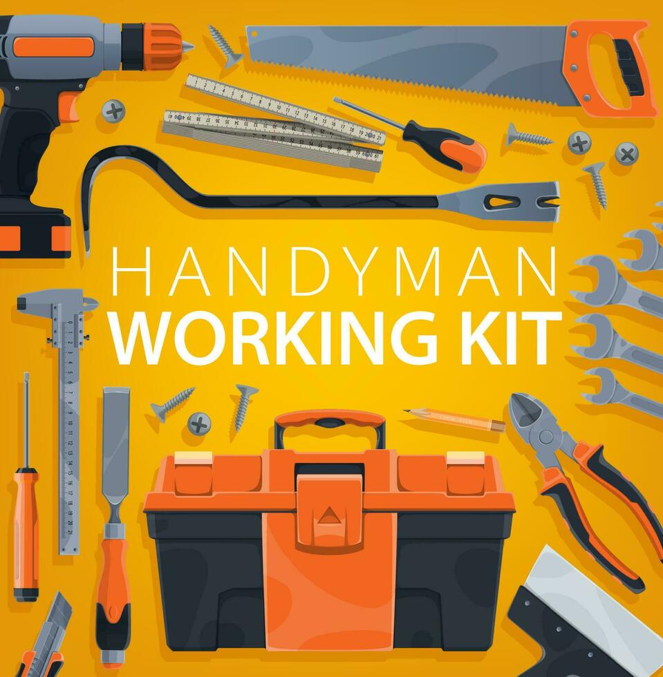 Handyman working tools kit, carpentry toolbox vector