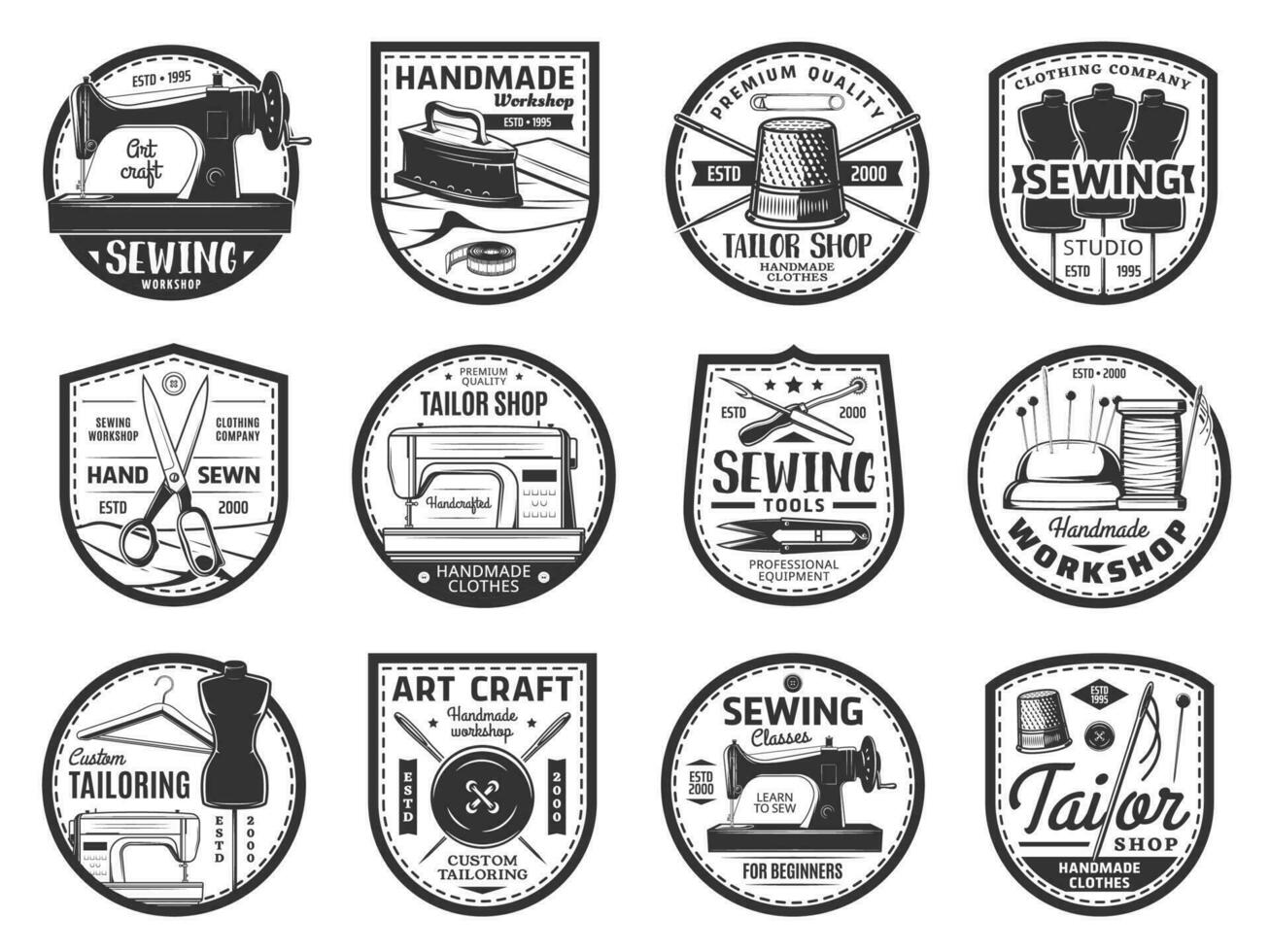 Sewing and tailor icons, threads, needles, buttons vector