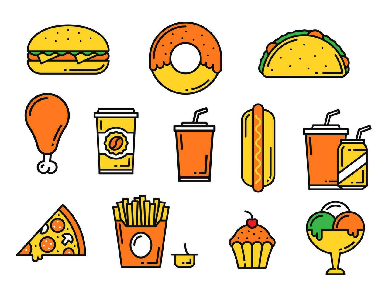 Fast food thin line icons, snacks and junk drinks vector