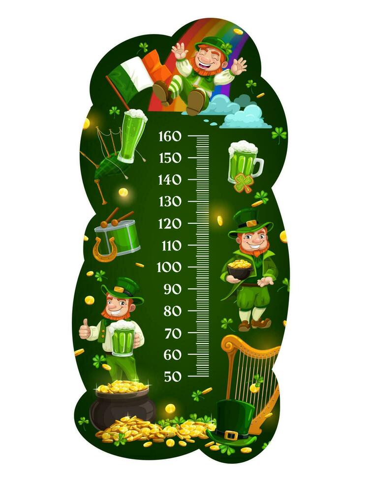 Kids height chart, funny leprechauns with gold vector