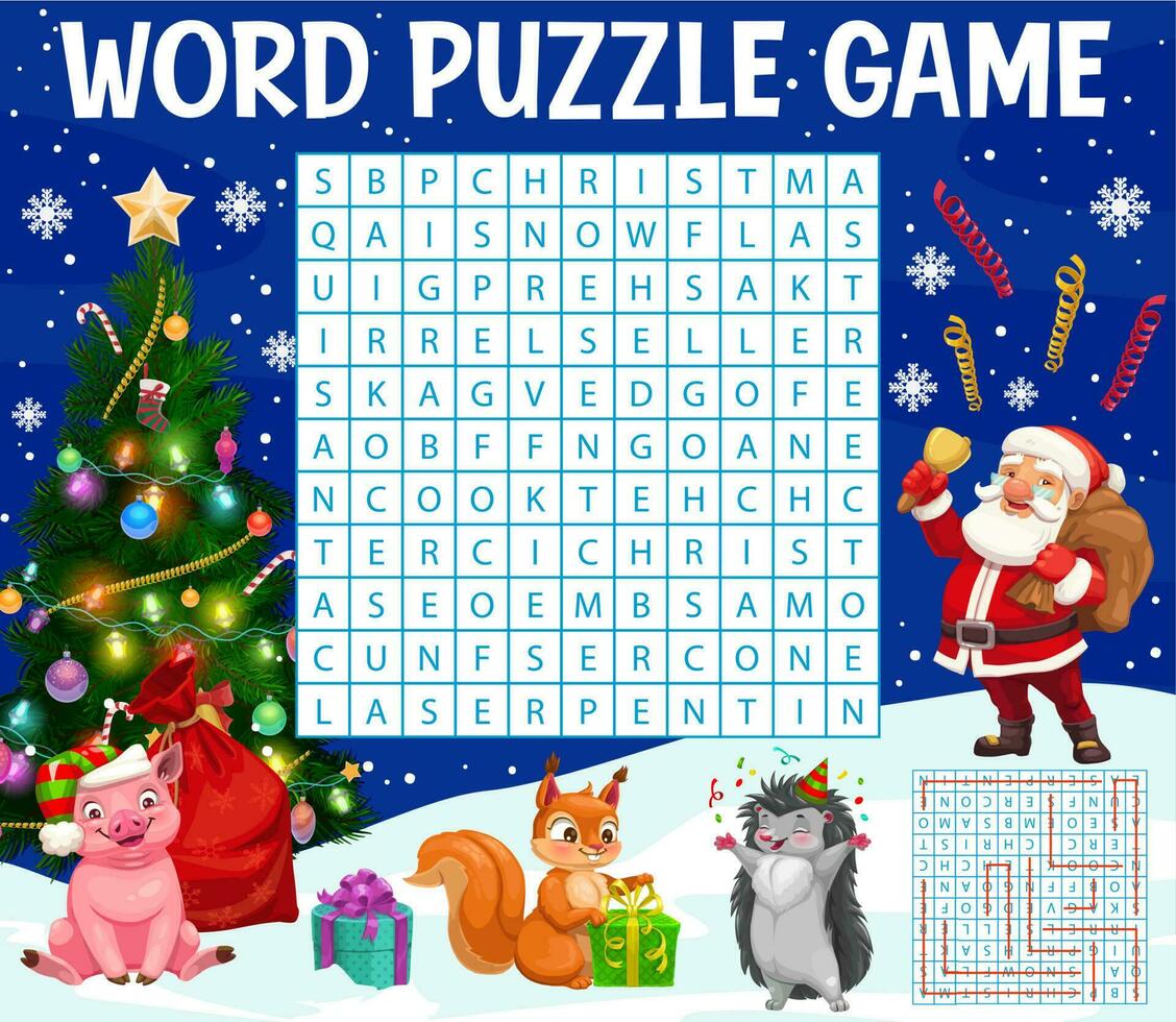 Christmas Santa and animals, word search puzzle vector