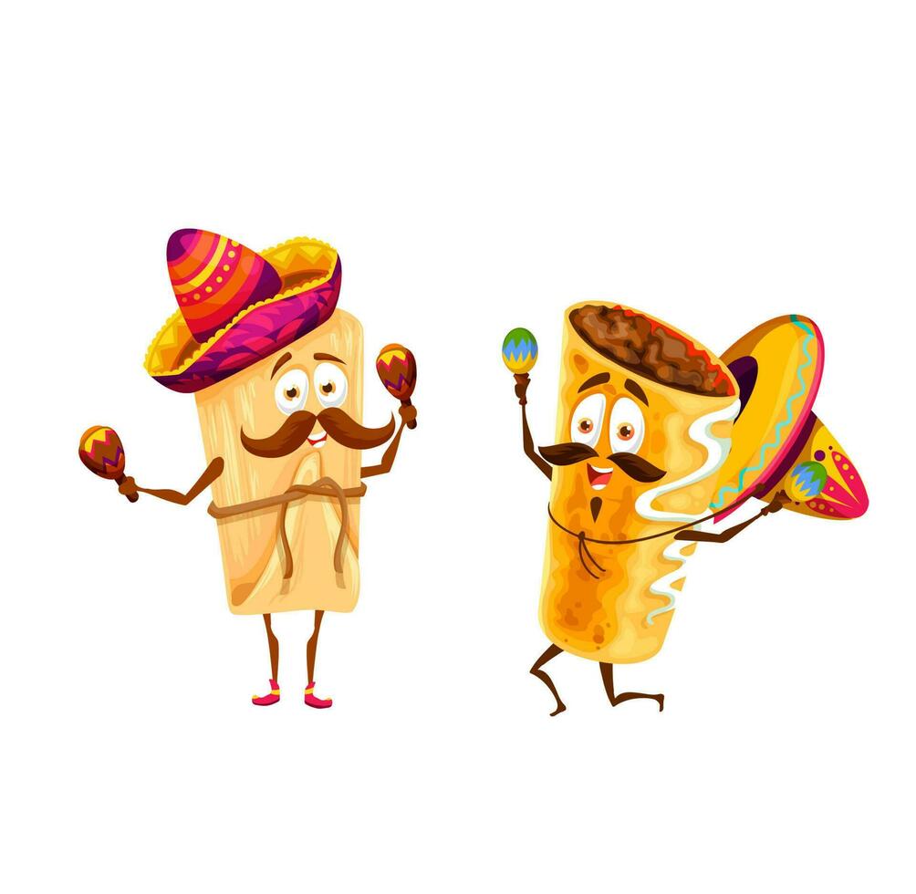 Cartoon mexican tamales and chimichanga characters vector