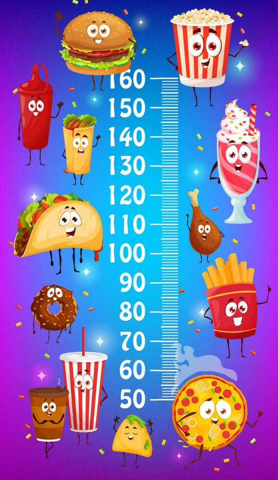 Kids height chart, cartoon funny fast food burgers vector