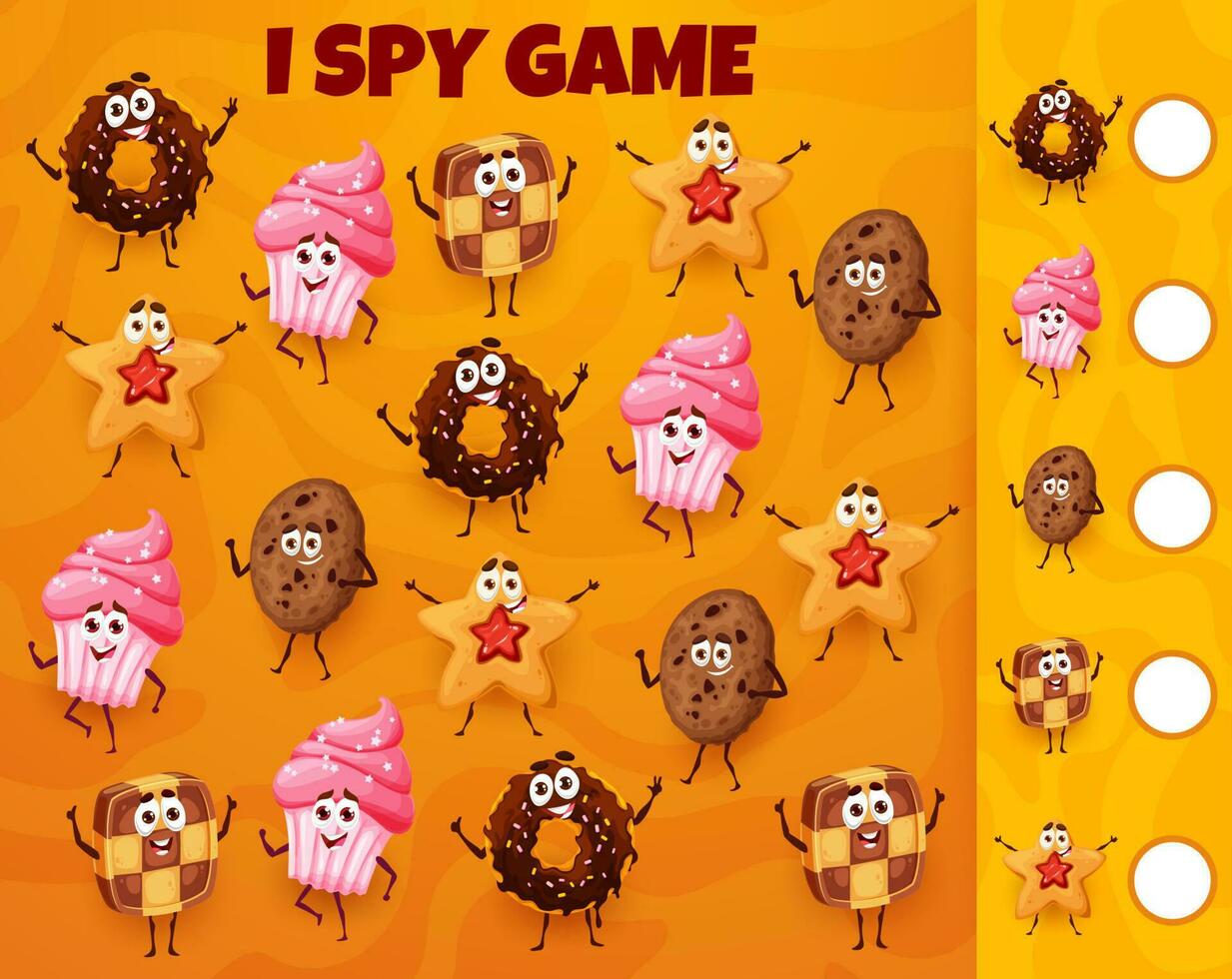 Cartoon bakery, pastry, cakes, cookies I spy game vector