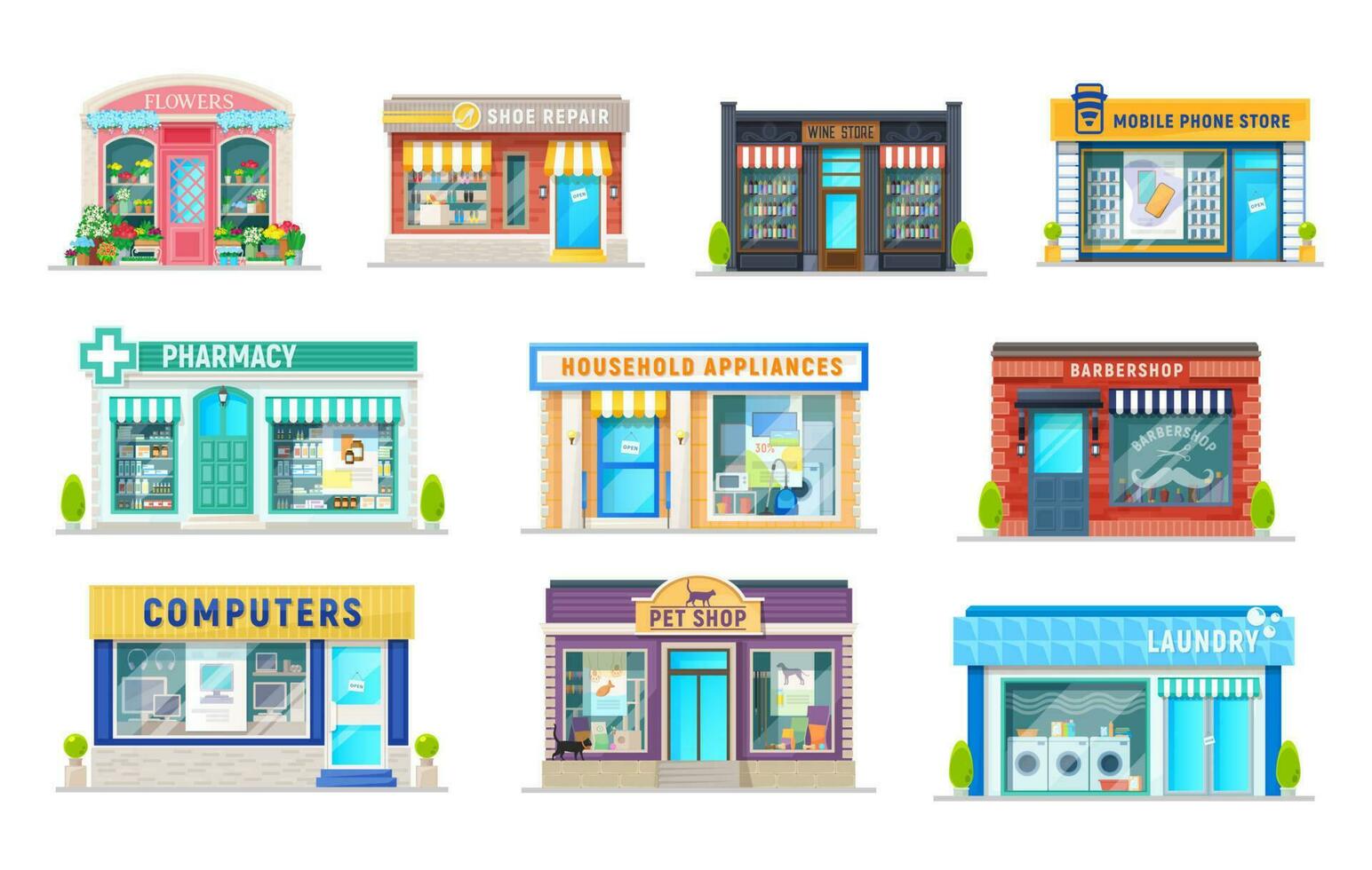 Building of shop, store, pharmacy, laundry icons vector