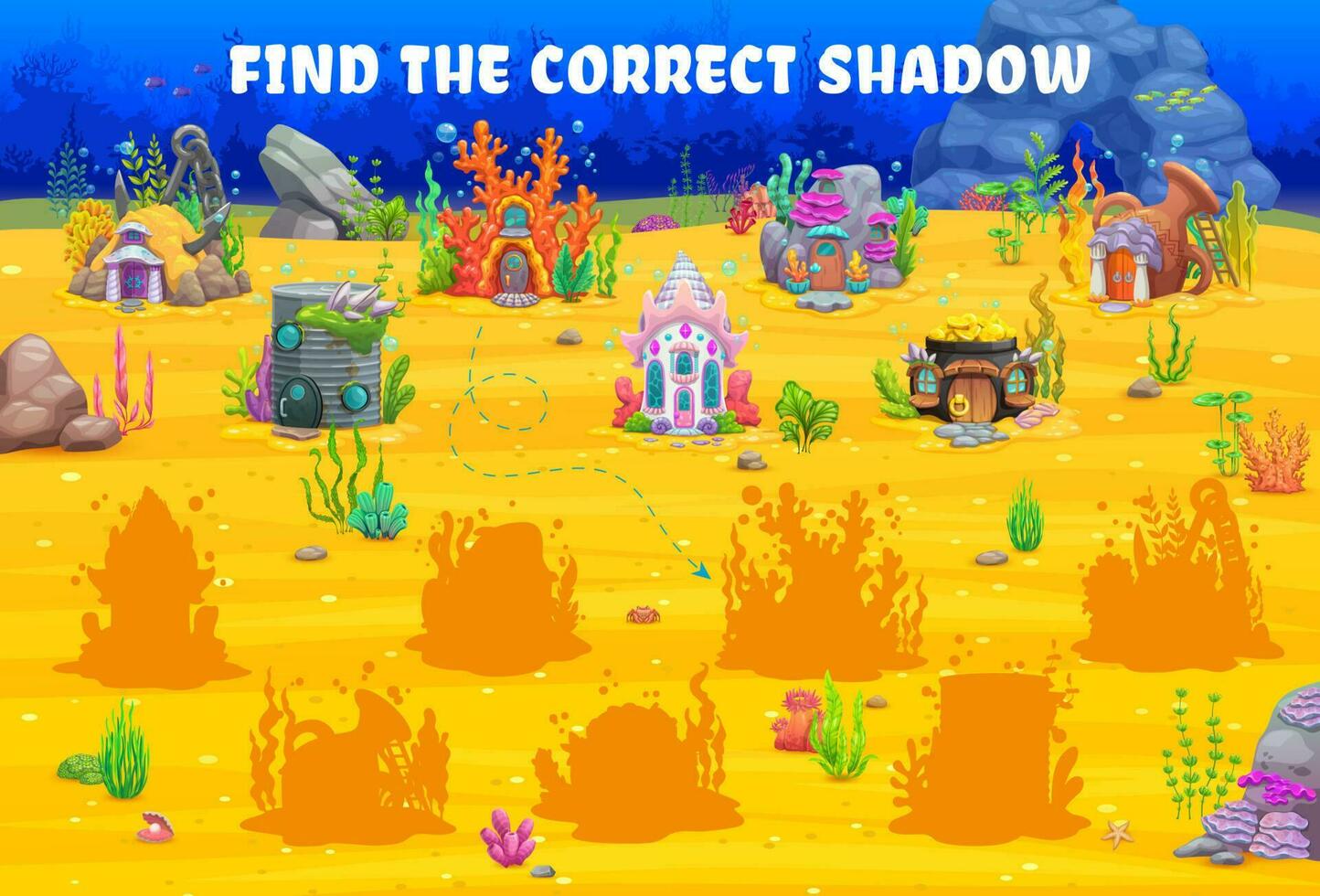 Find correct shadow of cartoon underwater house vector