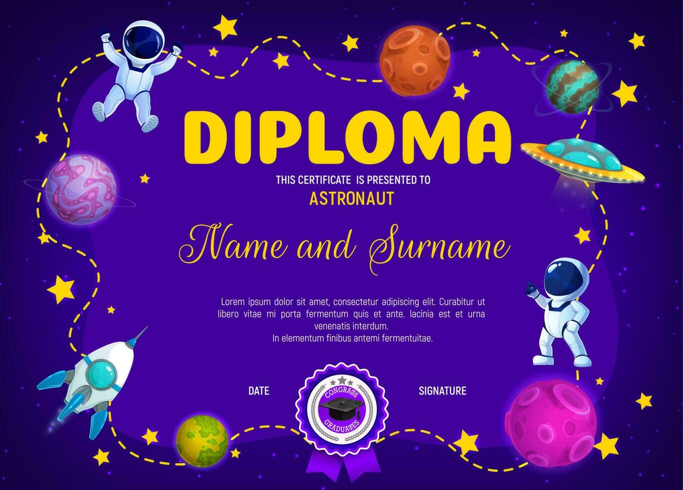 educación diploma con dibujos animados espacio y planetas vector