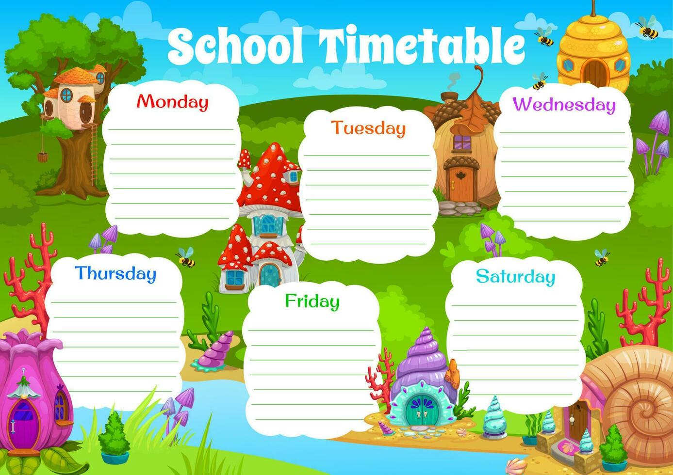 School timetable schedule, cartoon houses vector