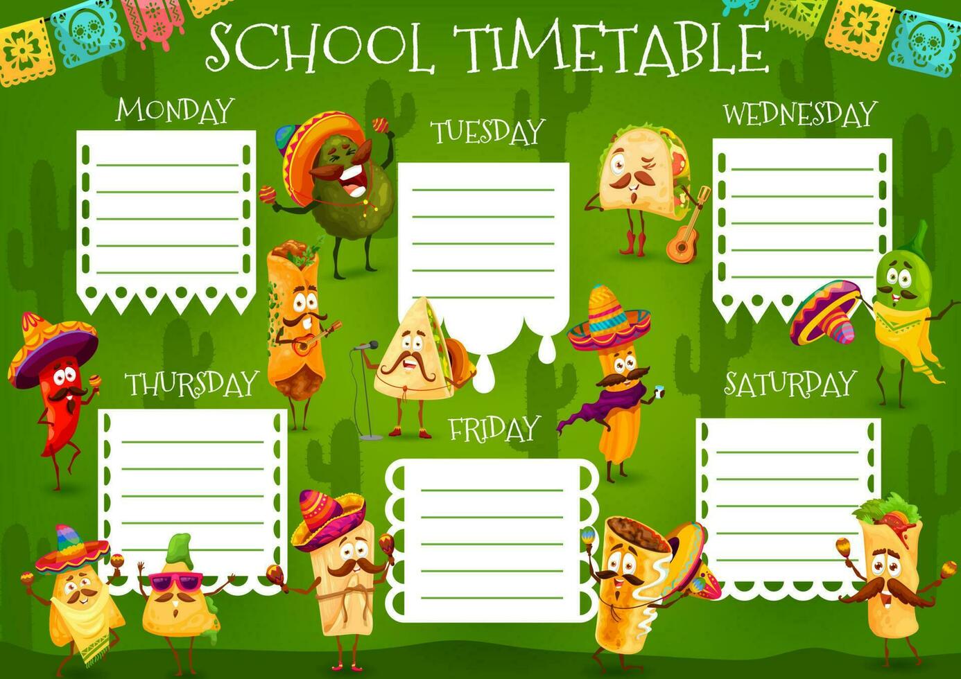 Kids school timetable with mexican fast food meals vector