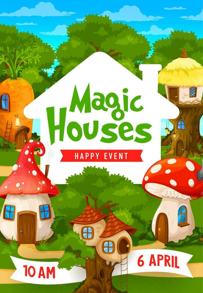 Kids party flyer, fairytale cartoon houses of elf vector