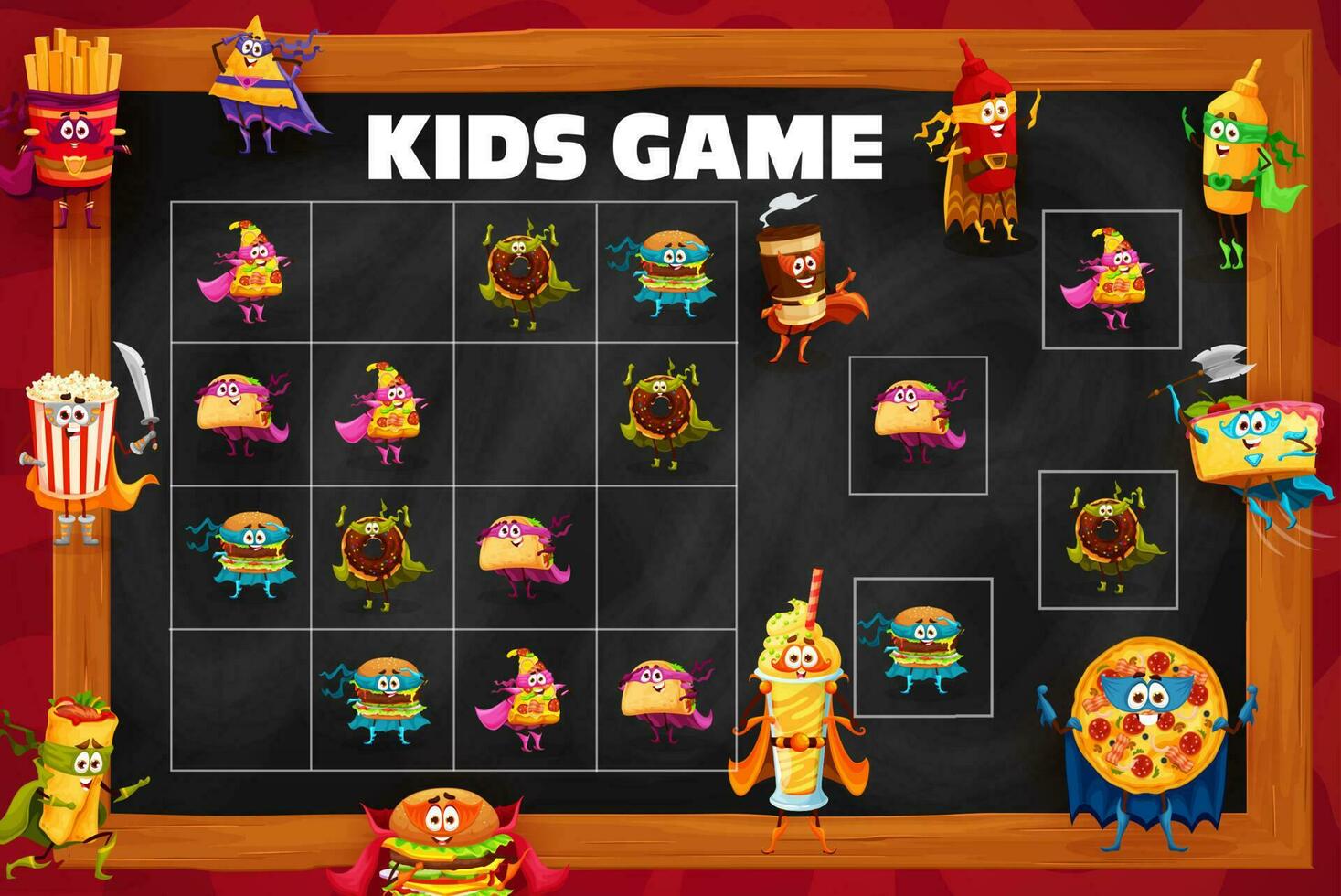 Sudoku kids game worksheet, fast food characters vector