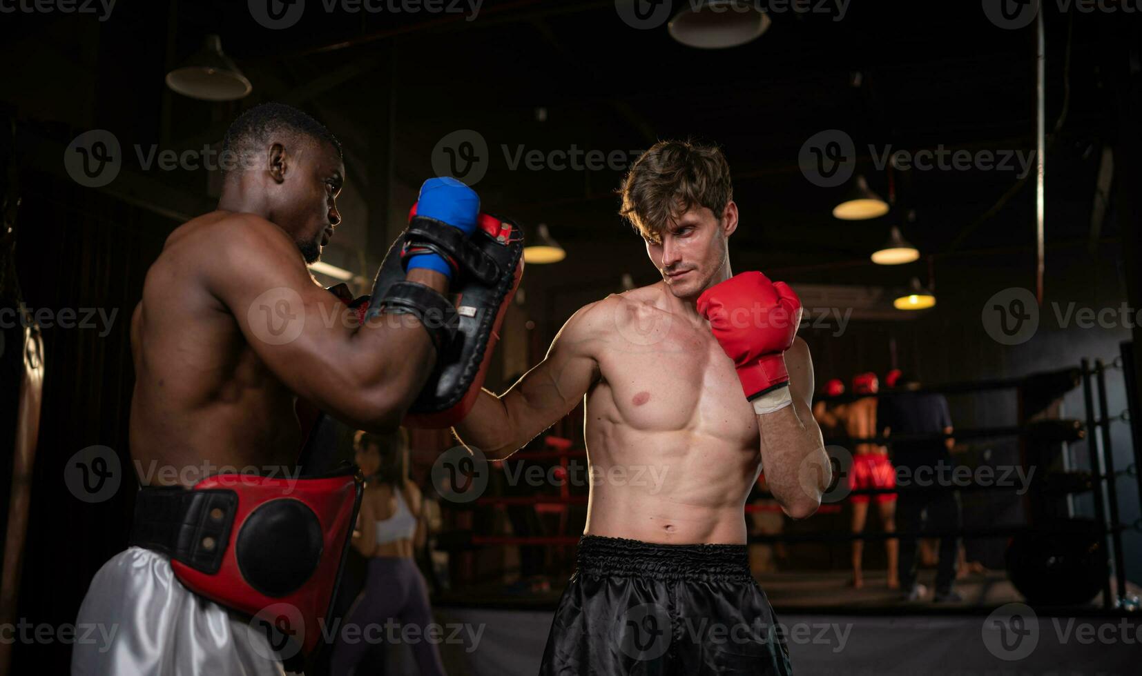 Two foreign boxers are practicing Muay Thai. to prepare for the real fight on stage,  Muay Thai, Thai martial arts that foreigners are interested photo