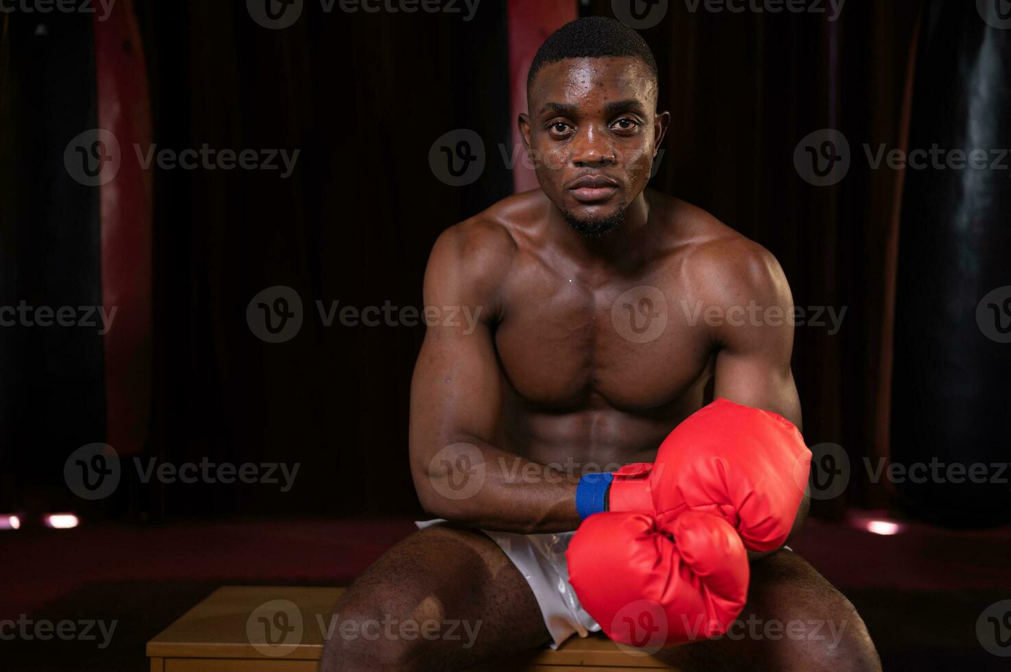 retrato de Boxer preparando a lucha en etapa a ganancia experiencia en el utilizar de muay tailandés marcial letras foto