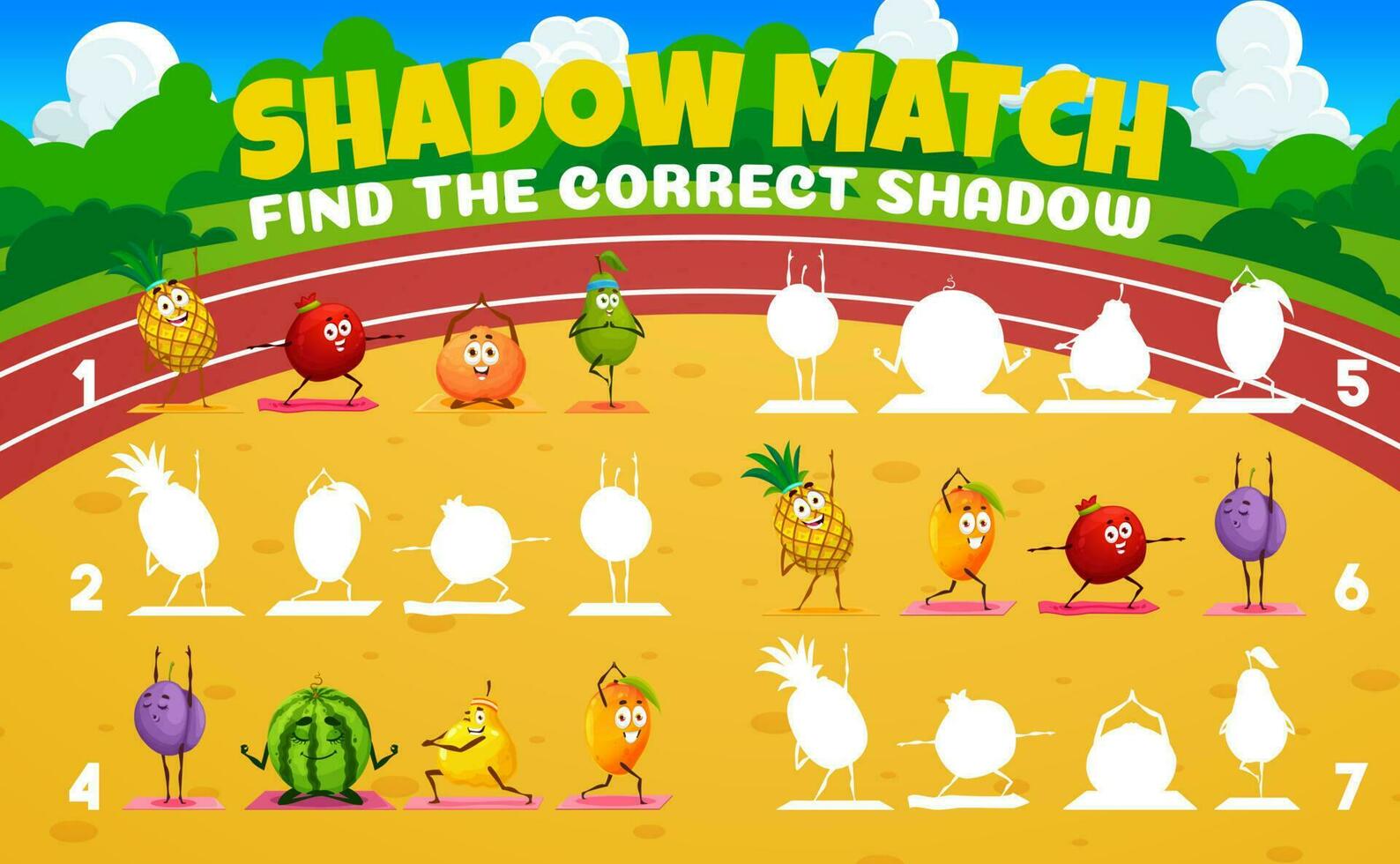 sombra partido juego hoja de cálculo con dibujos animados frutas vector