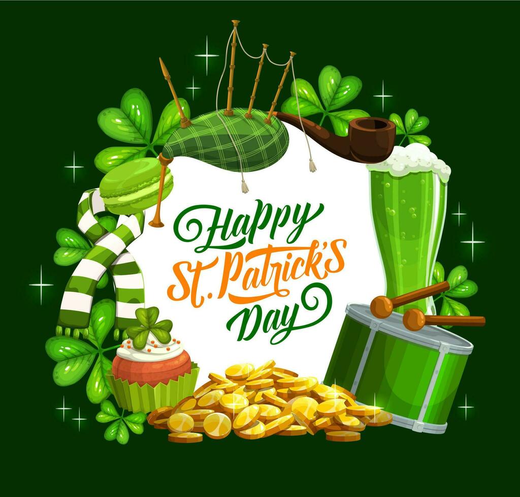 Happy St Patrick day banner, Irish bagpipes vector