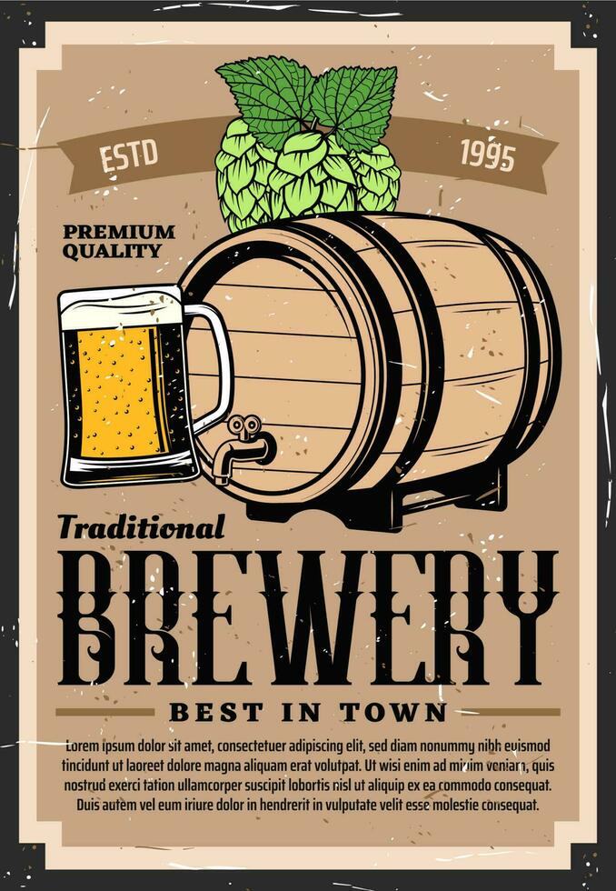 Retro poster of craft beer brewery, beer barrel vector