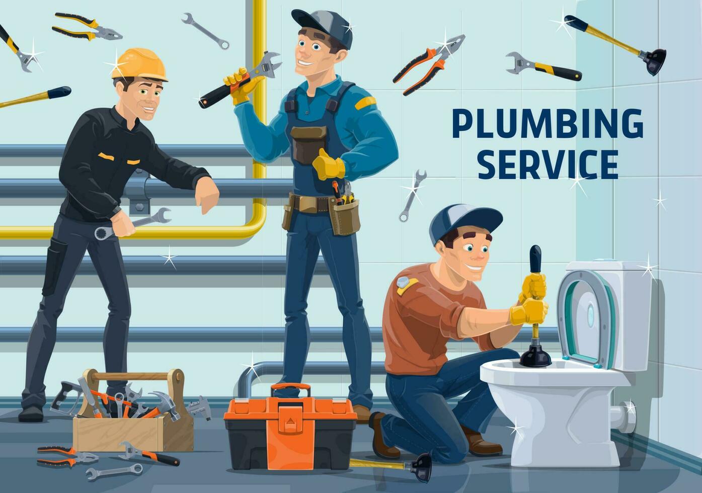 Plumber workers with work tools vector