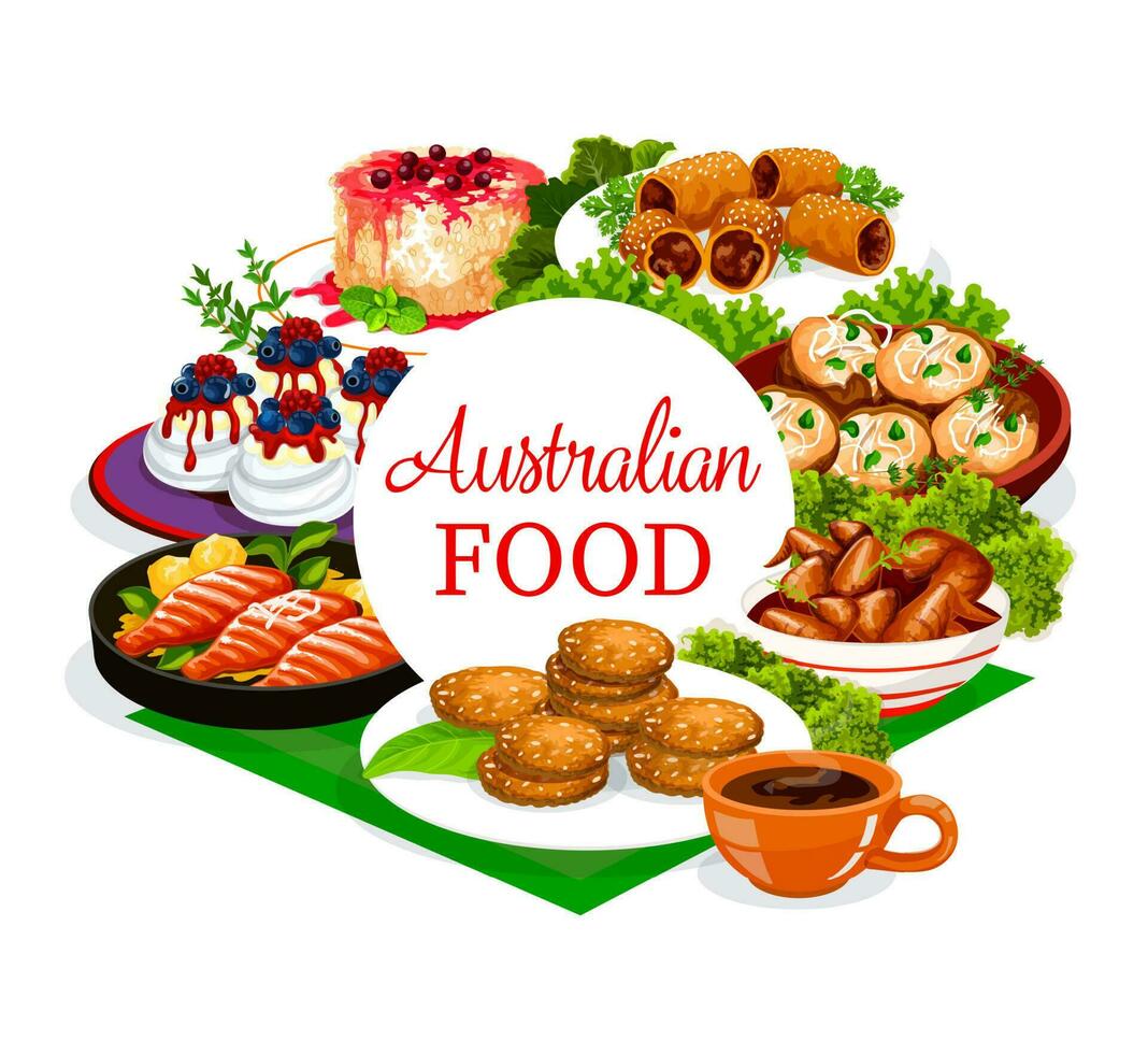 australiano cocina comida menú, carne y pescado platos vector