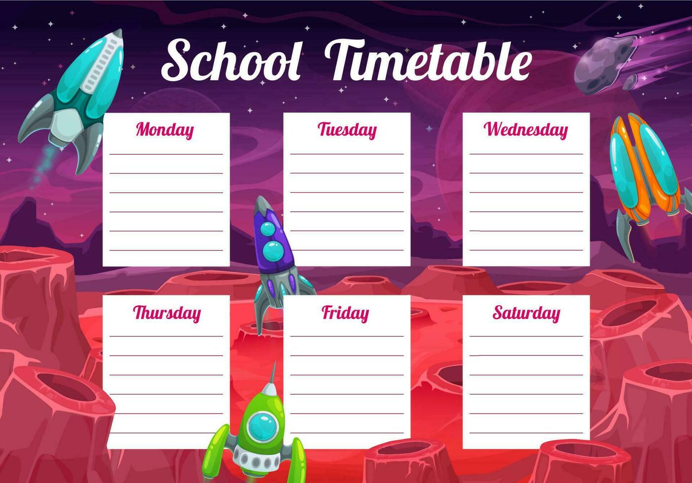 educativo colegio calendario modelo con cohetes vector