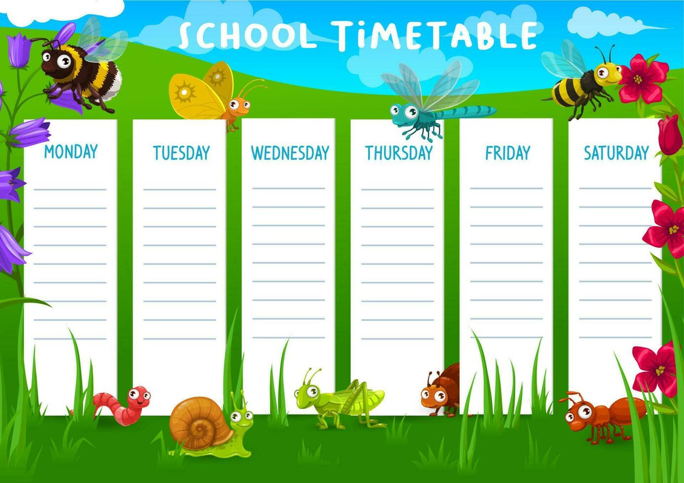 School timetable with meadow and insects vector