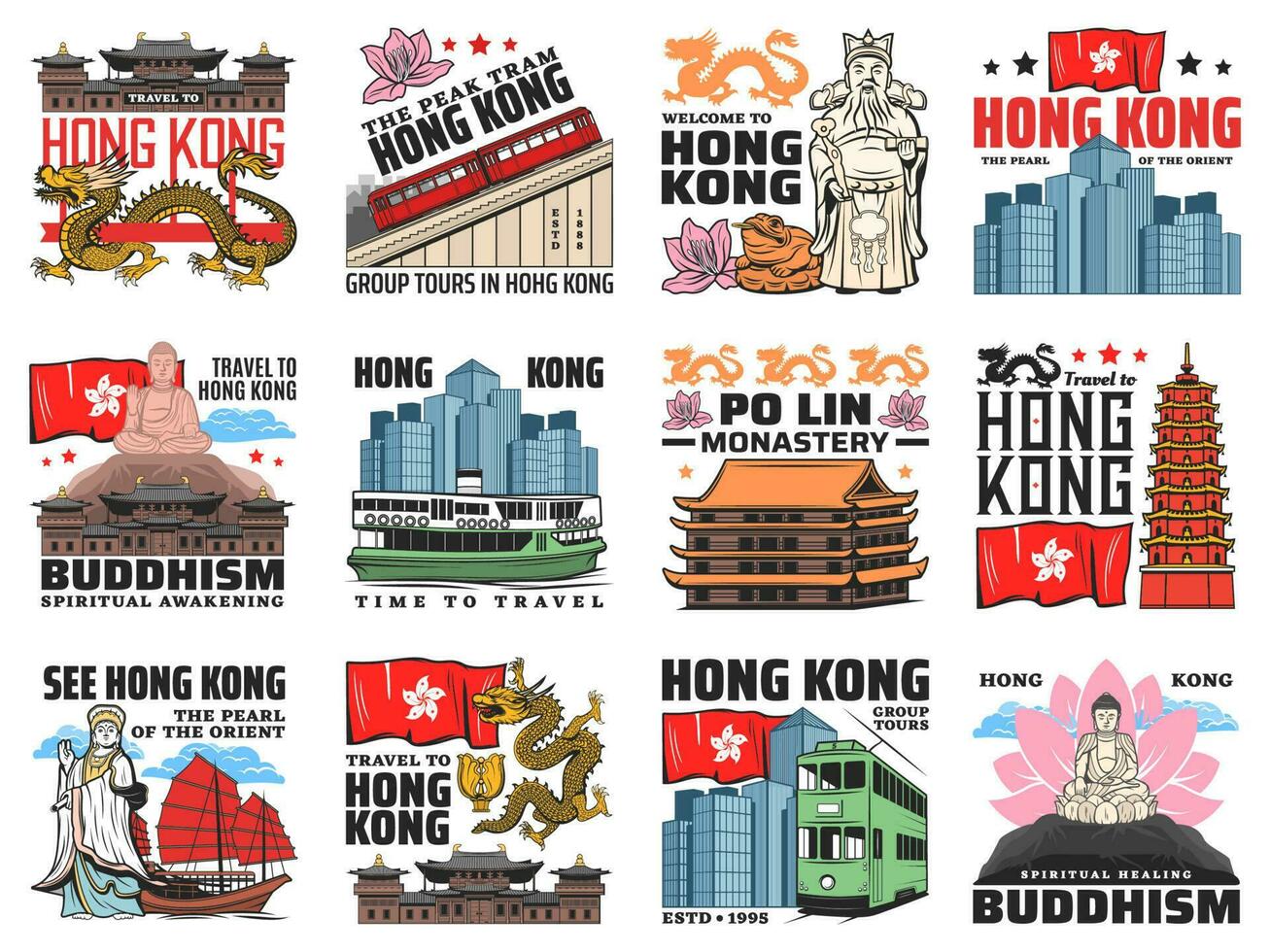 hong kong viaje iconos, puntos de referencia vector