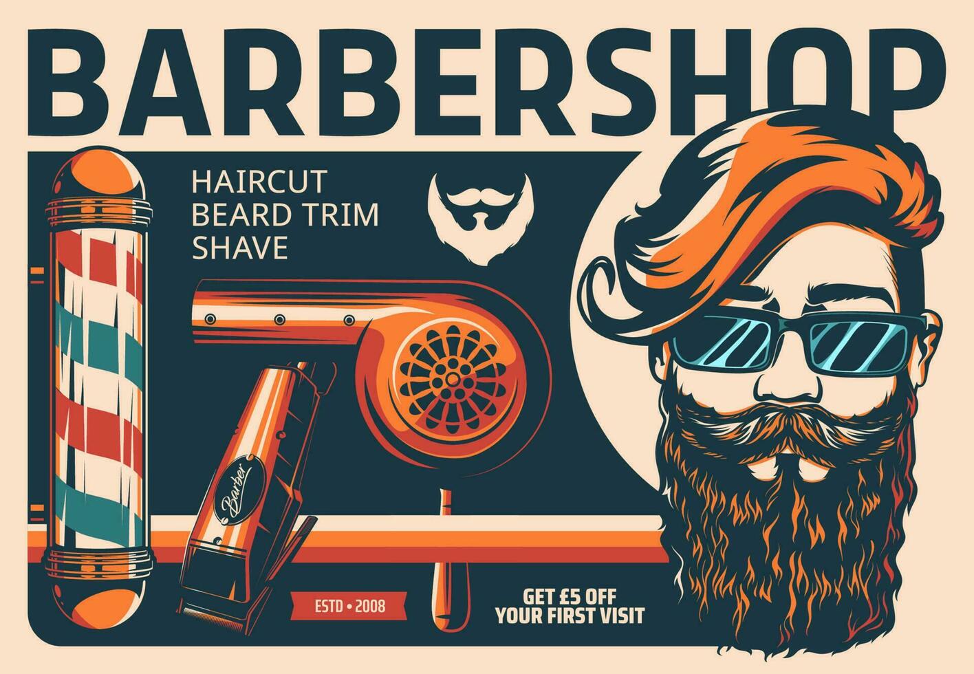 barbería retro póster, Barbero tienda polo, maquinilla de afeitar vector