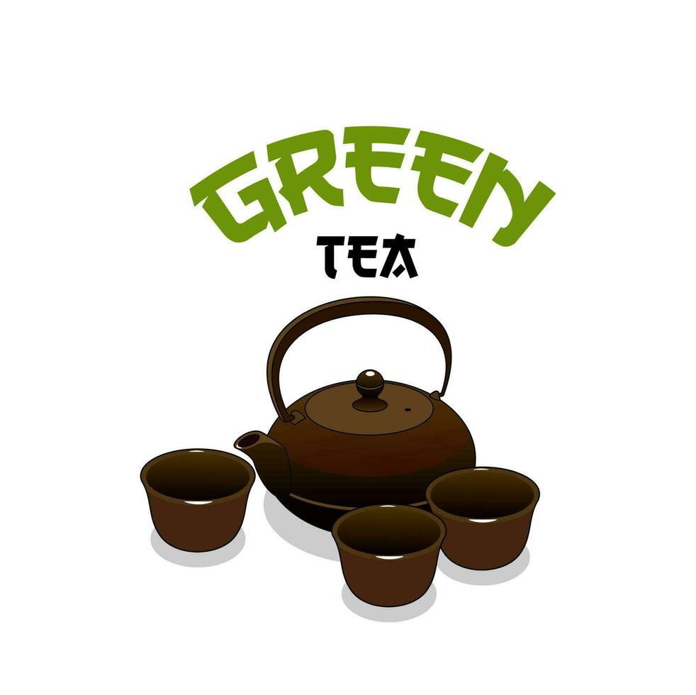 Green Asian tea vector icon with tea ceremony set