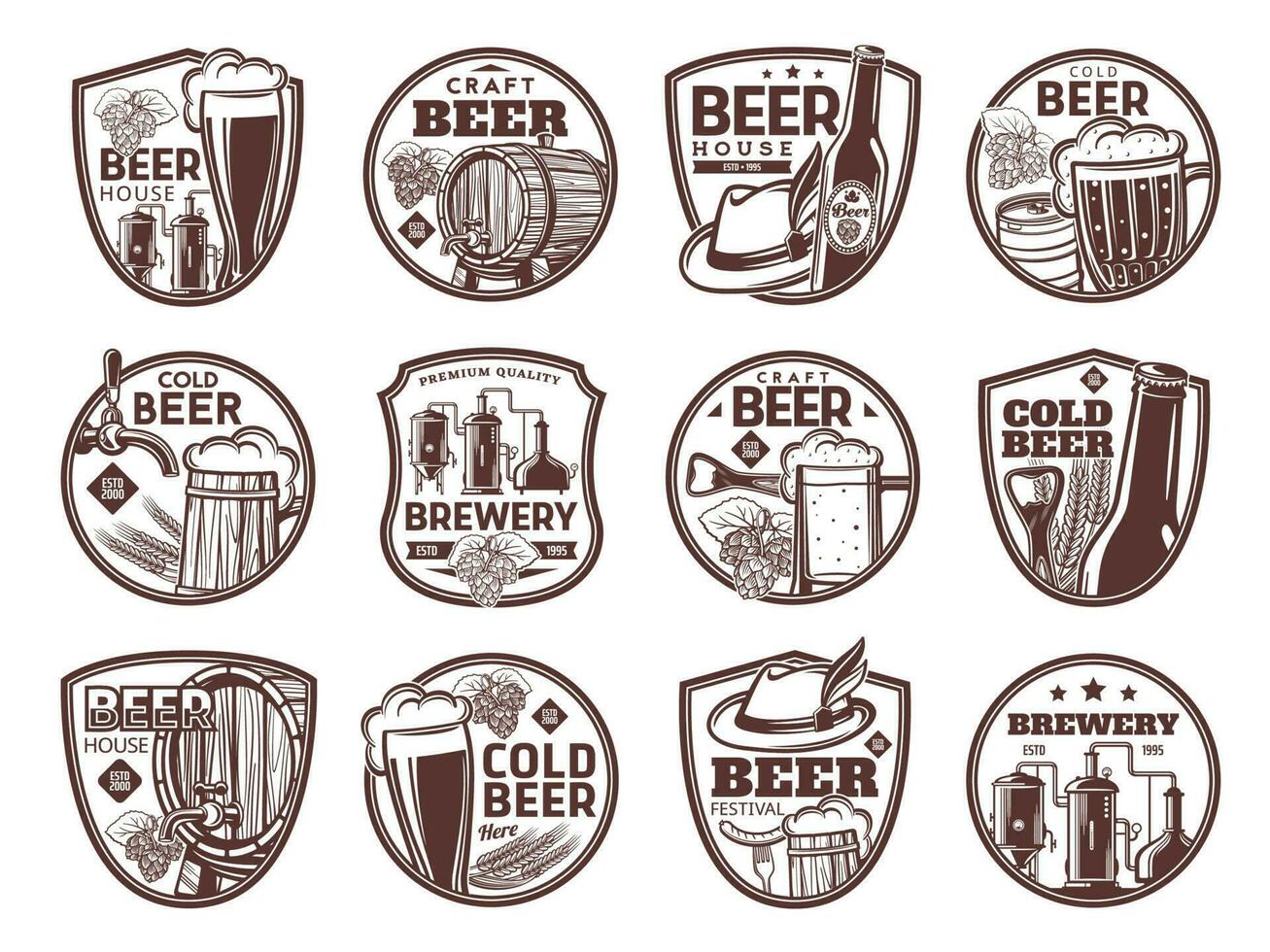 Brewery and craft beer icons, bar and pub alcohol vector