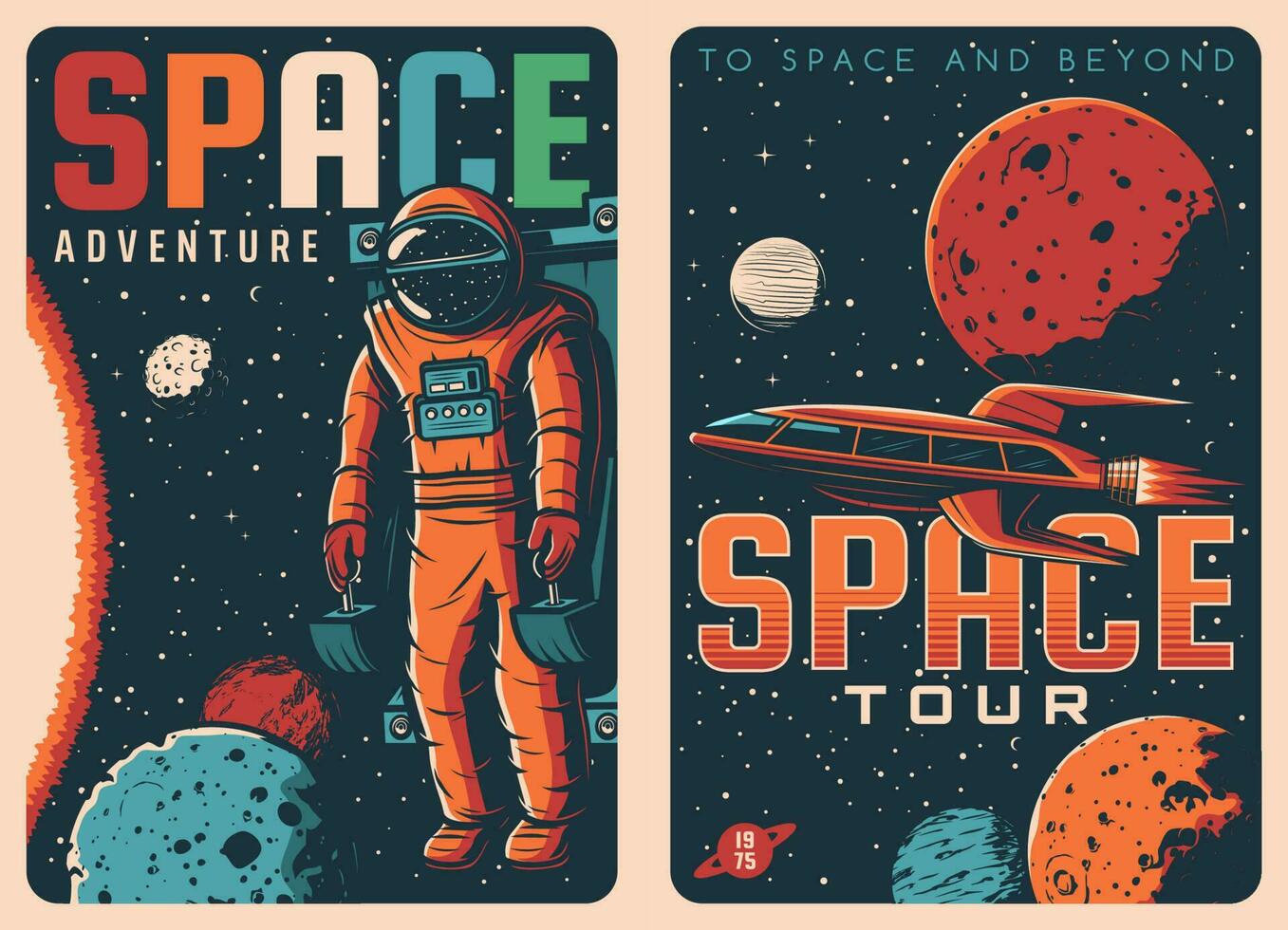 Space travel tours retro posters, galaxy adventure vector