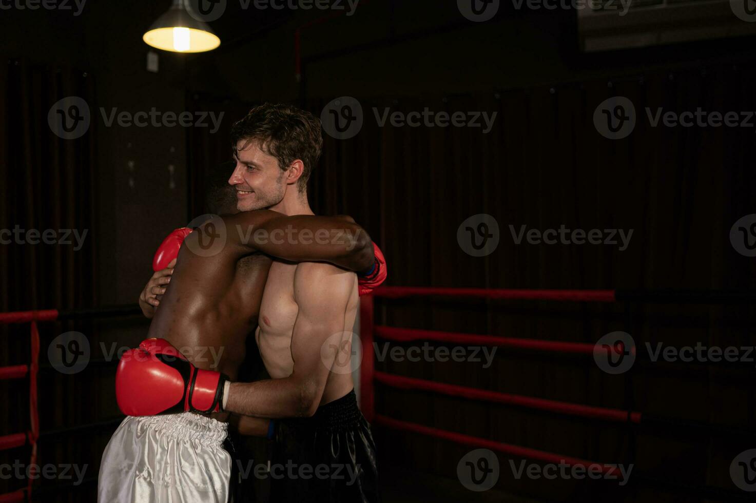 Victorious boxer the referee will raise their hands on stage, Muay Thai, Thai martial arts. photo