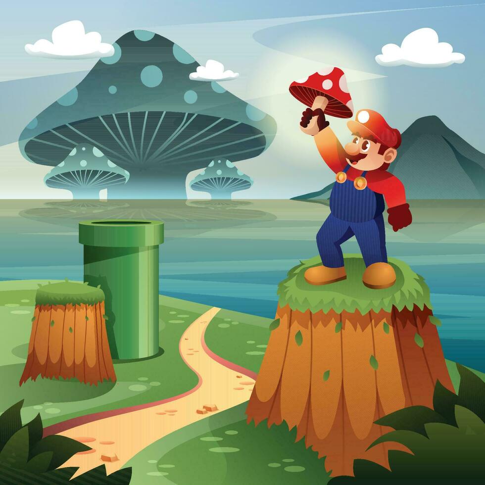 Plumber Holds a Mushroom upon the Hill vector