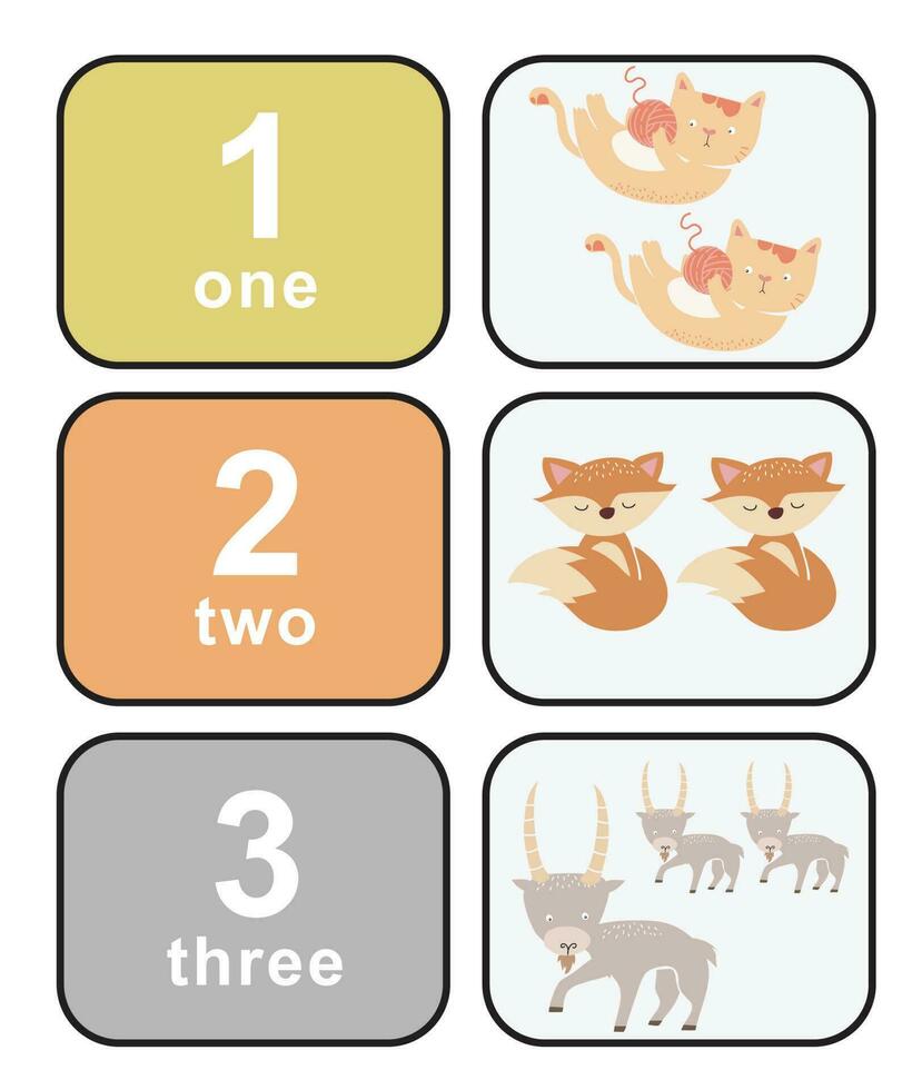 Cute colourful numbers flashcard for kids learning to count. Front and back cards with animals for happy learning kids and education in the nursery. Vector file.