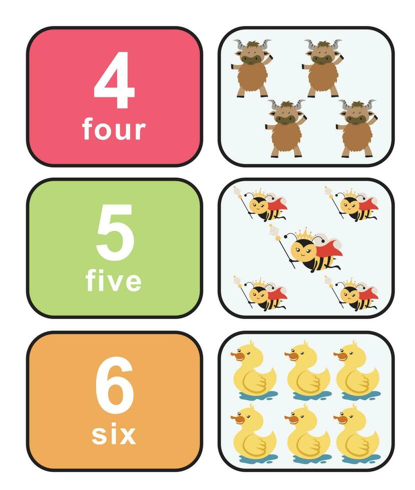 Cute colourful numbers flashcard for kids learning to count. Front and back cards with animals for happy learning kids and education in the nursery. Vector file.