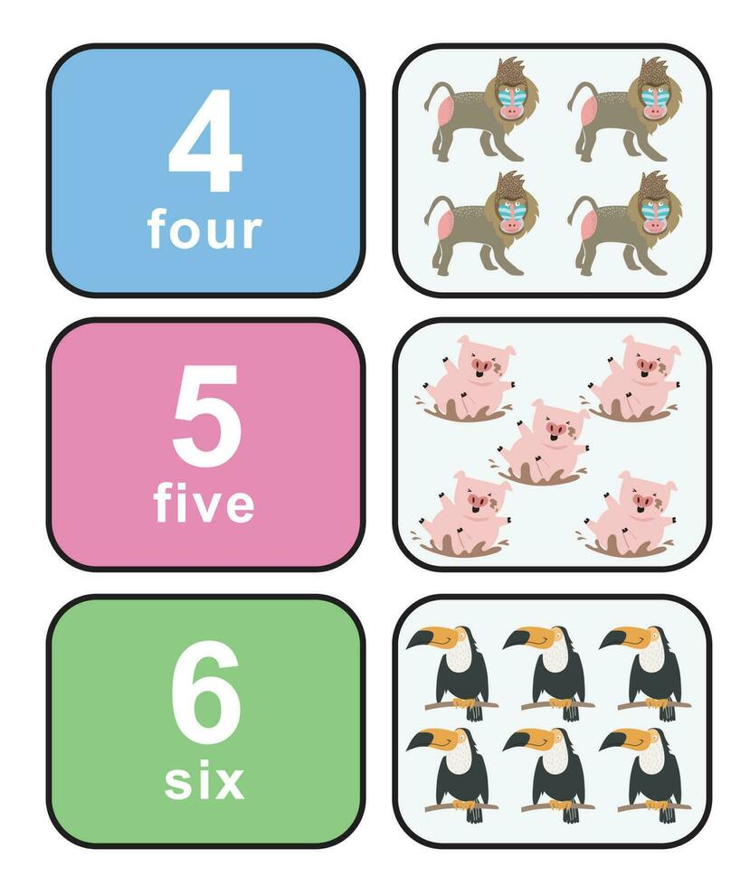 Cute colourful numbers flashcard for kids learning to count. Front and back cards with animals for happy learning kids and education in the nursery. Vector file.