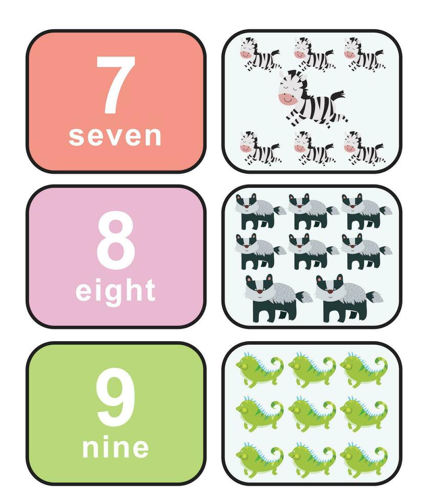 Cute colourful numbers flashcard for kids learning to count. Front and back cards with animals for happy learning kids and education in the nursery. Vector file.
