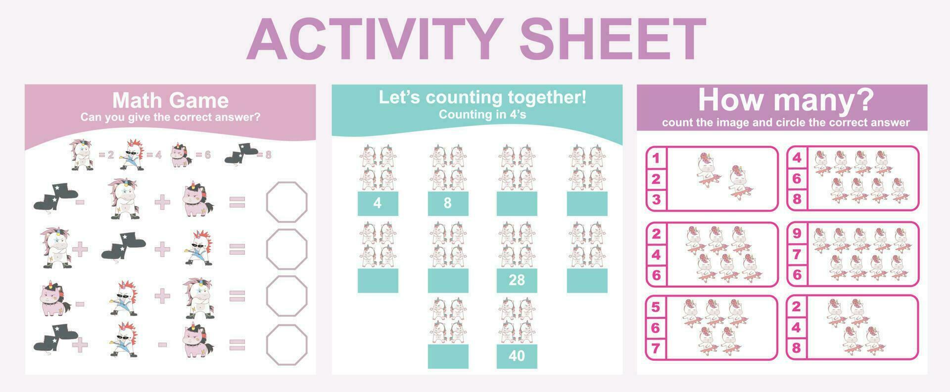Activity sheet for children. 3 in 1 Educational printable worksheet. Mathematic worksheet for kids. Count and write activity for kids. Vector illustrations.