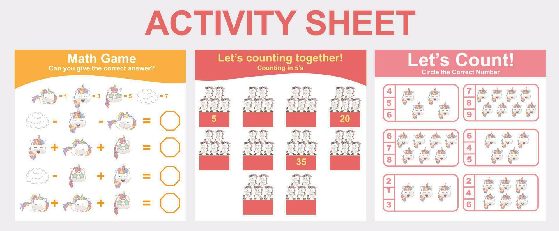 Activity sheet for children. 3 in 1 Educational printable worksheet. Mathematic worksheet for kids. Count and write activity for kids. Vector illustrations.