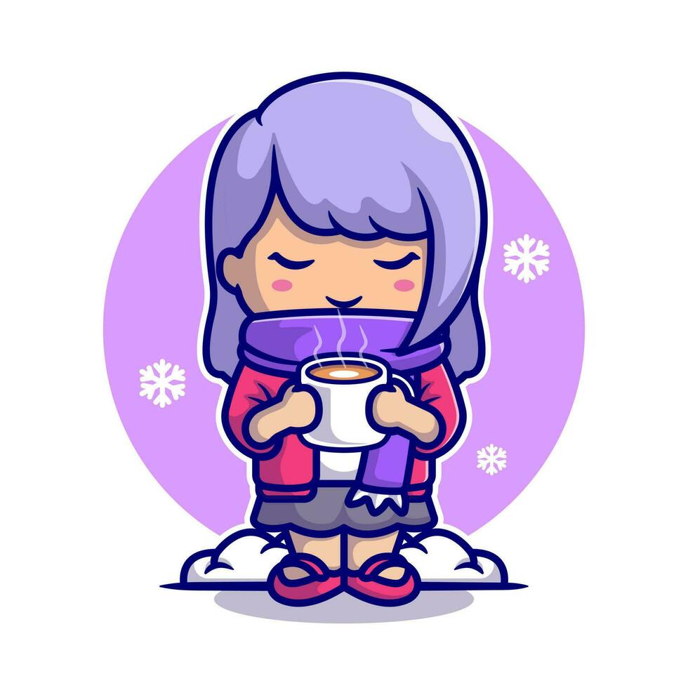 Cute Girl Drink Hot Coffee In Snow Cartoon Vector Icon  Illustration. People Drink Icon Concept Isolated Premium  Vector. Flat Cartoon Style