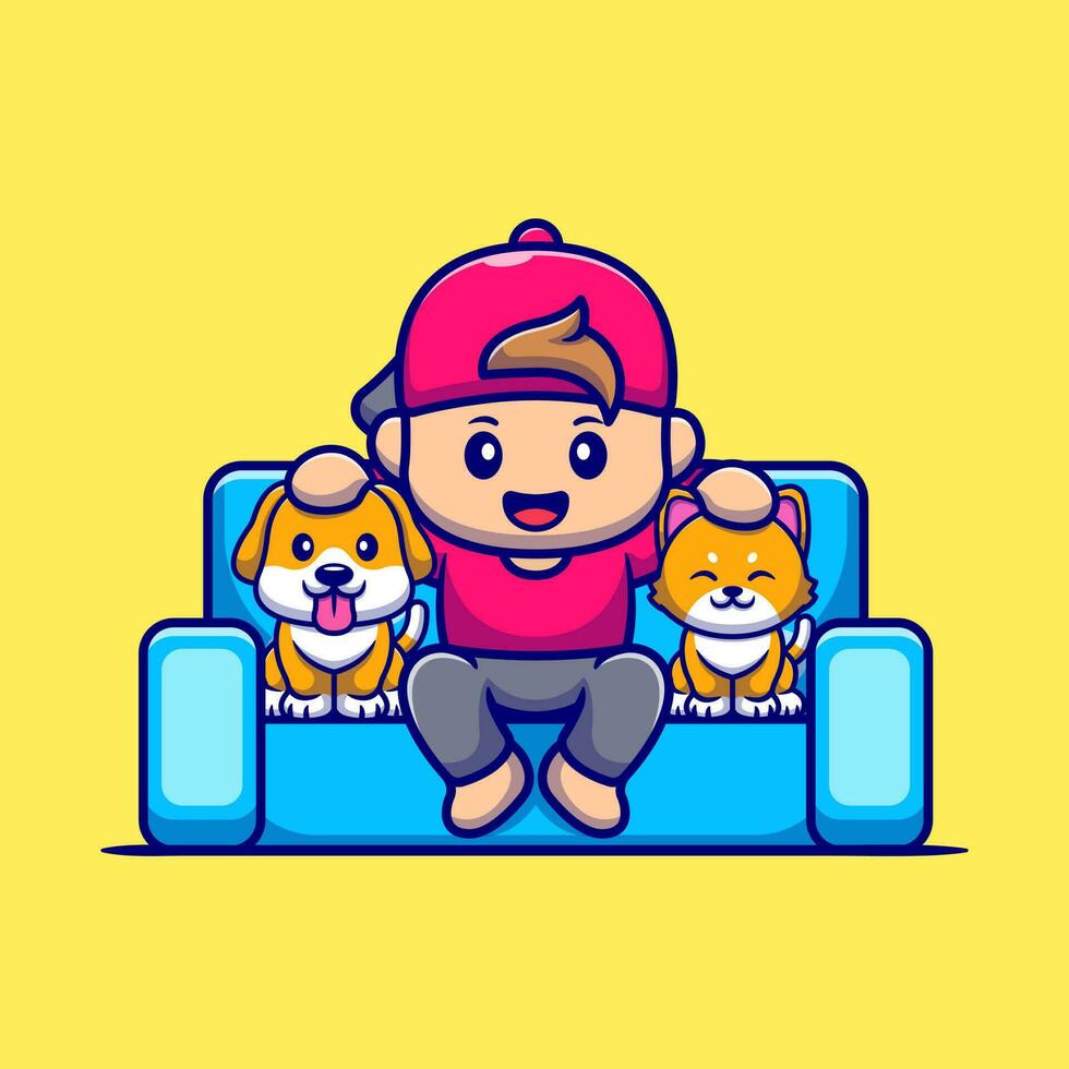 Cute Boy With Dog And Cat Cartoon Vector Icon Illustration.  People Animal Icon Concept Isolated Premium Vector. Flat  Cartoon Style