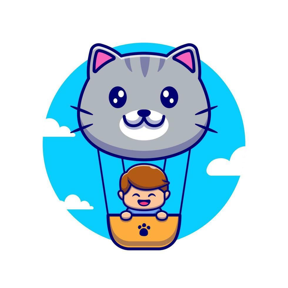 Cute Boy Flying With Cute Cat Air Balloon Cartoon Vector  Icon Illustration. People Animal Icon Concept Isolated  Premium Vector. Flat Cartoon Style