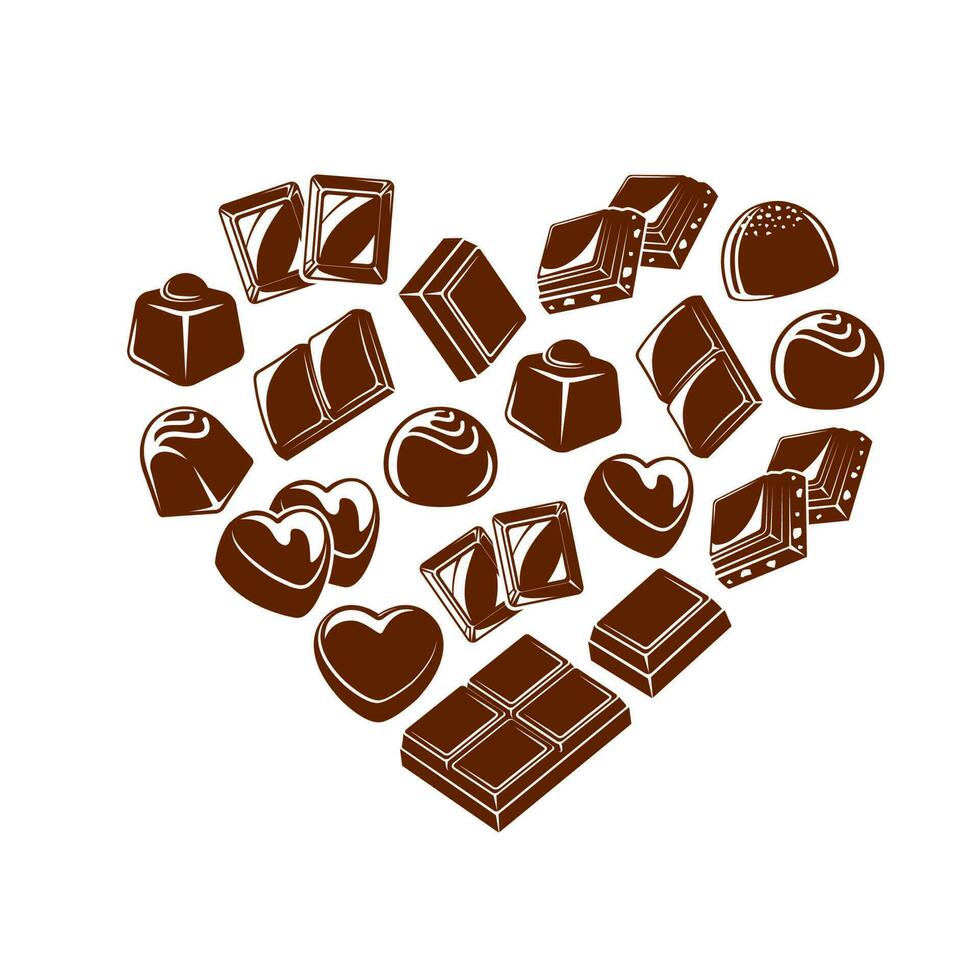 Chocolate truffles, bonbon candies and bars heart vector