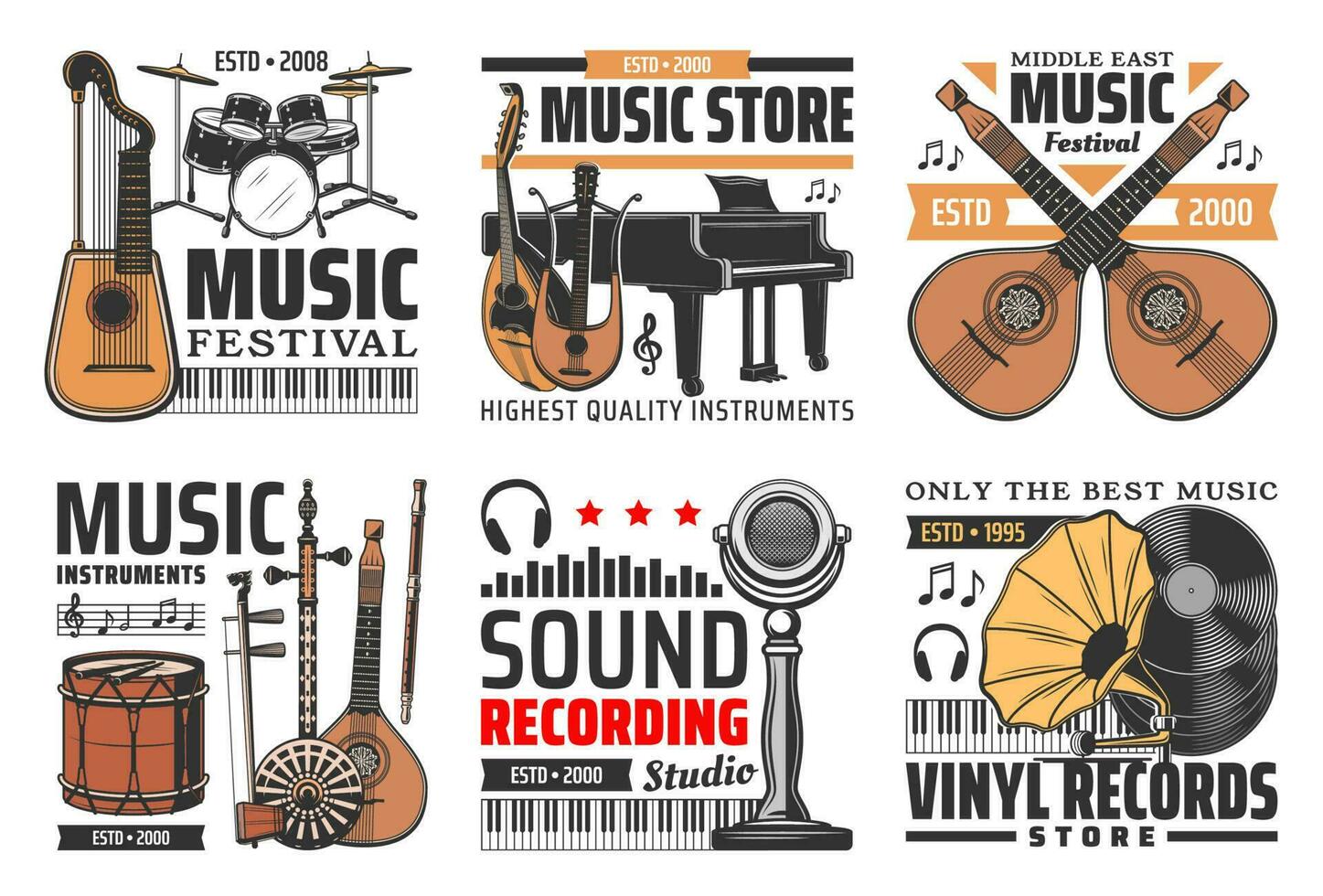 música y sonido iconos, instrumentos, registros estudio vector