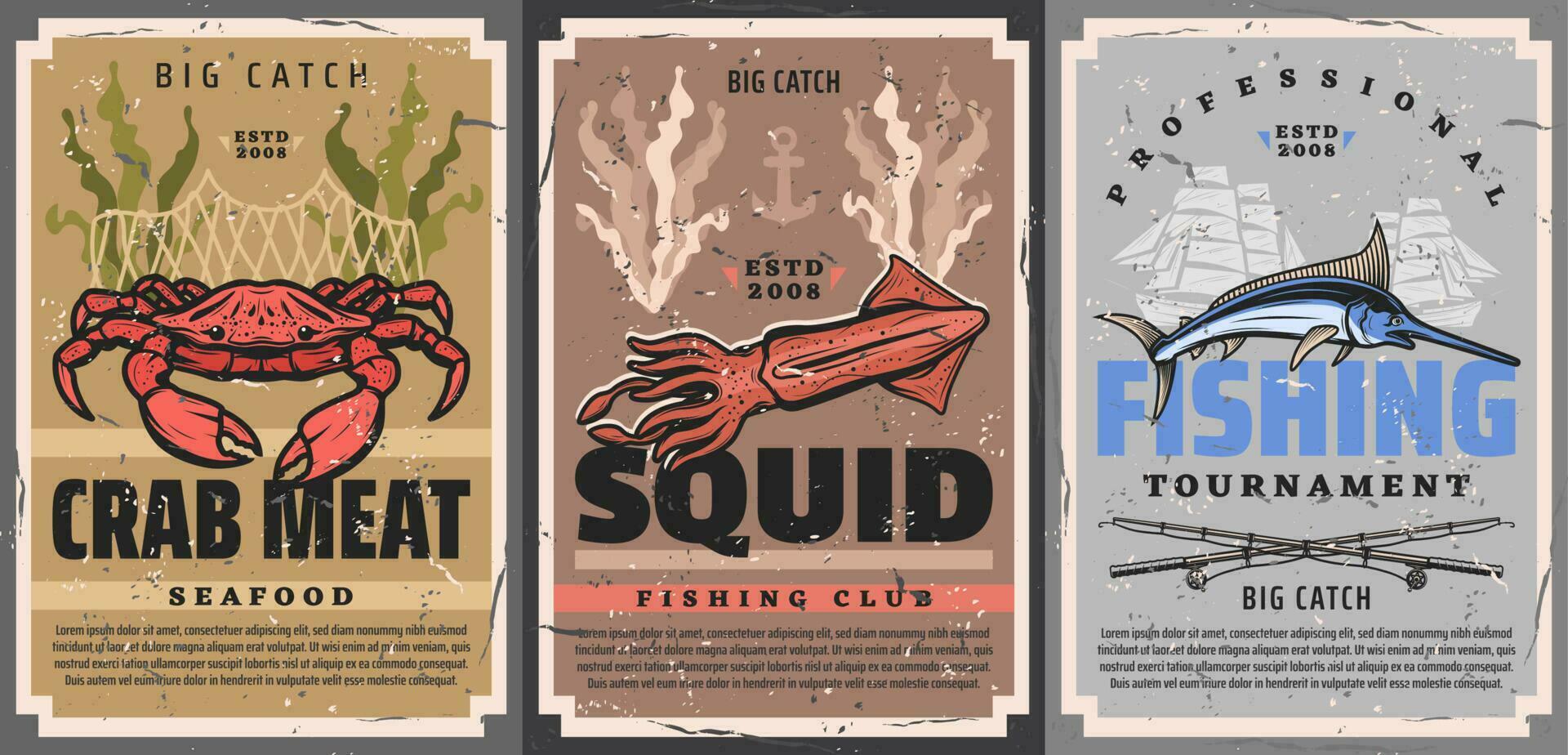 Fishing sport crab, squid and marlin fish vector