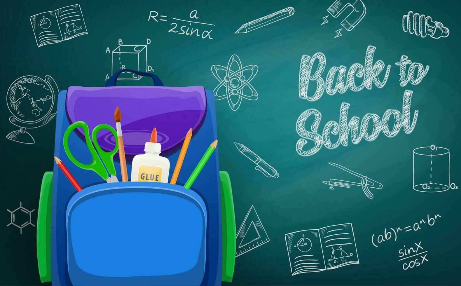 School bag on chalkboard back to school background vector