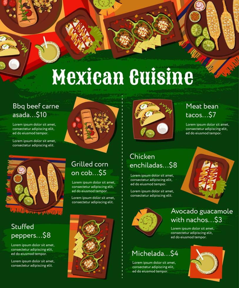 Mexican cuisine meals vector menu