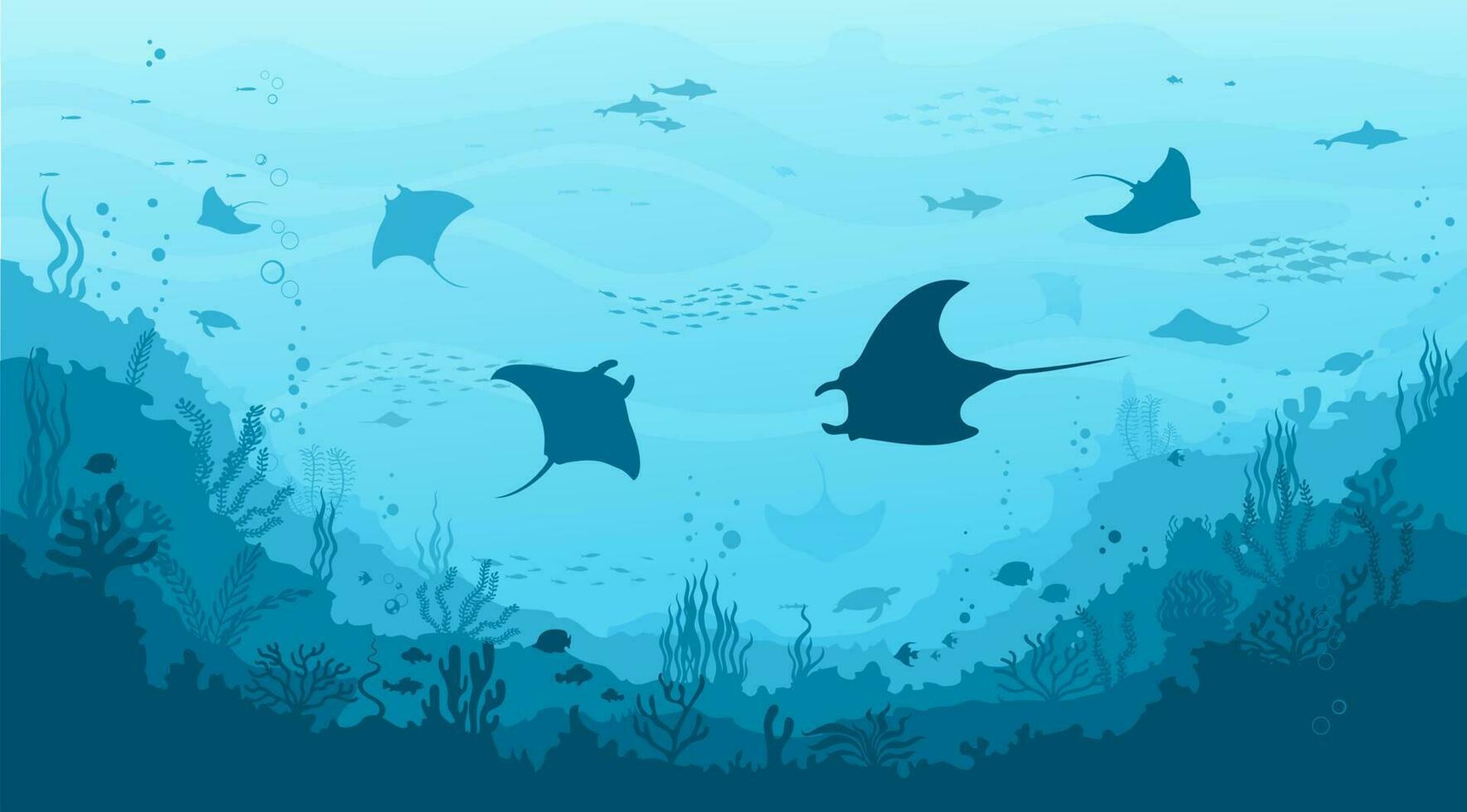 Underwater landscape background with manta ray vector