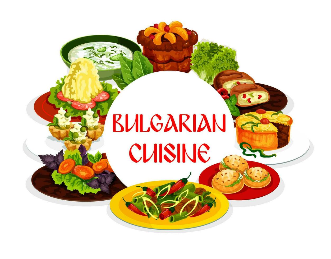 Bulgarian cuisine food, vegetable salad, meat stew vector