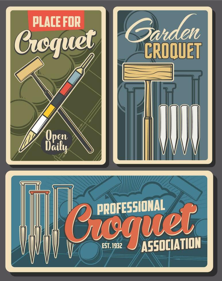 Croquet sport posters, club tournament game vector