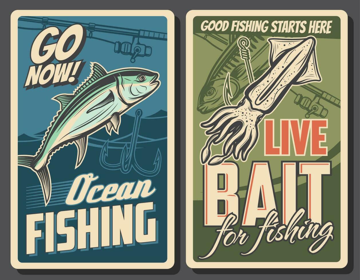 pescar retro carteles, atún pescado y calamar captura vector