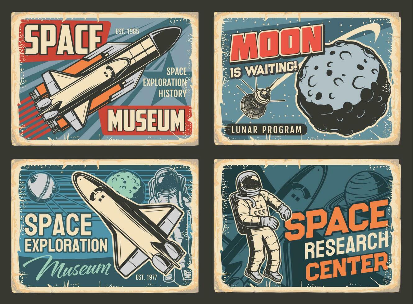 Space research museum, lunar program plates vector